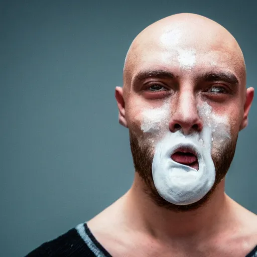 Prompt: close up photo of a fully clothed bald crimean man with cream dripping from his face