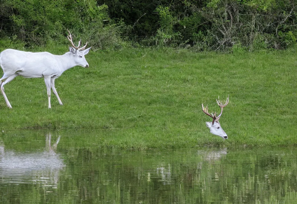 Prompt: white stag drinking from reflecting pool in a peaceful lush meadow