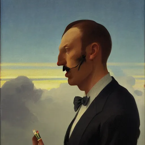 Image similar to a portrait painting of a man in a suit with a skull as his head smoking a cigarette, head is surrounded by clouds, in the style of Edward Hopper and William Adolphe Bouguereau, 4k,