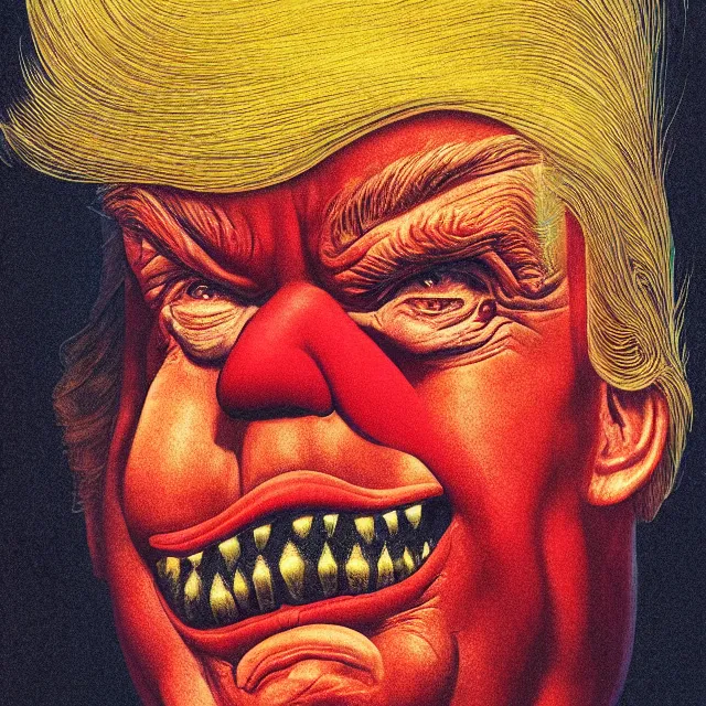 Image similar to donald trump is a disgusting clown, grotesque, horror, high details, intricate details, by vincent di fate, artgerm julie bell beeple, inking, vintage 9 0 s print, screen print