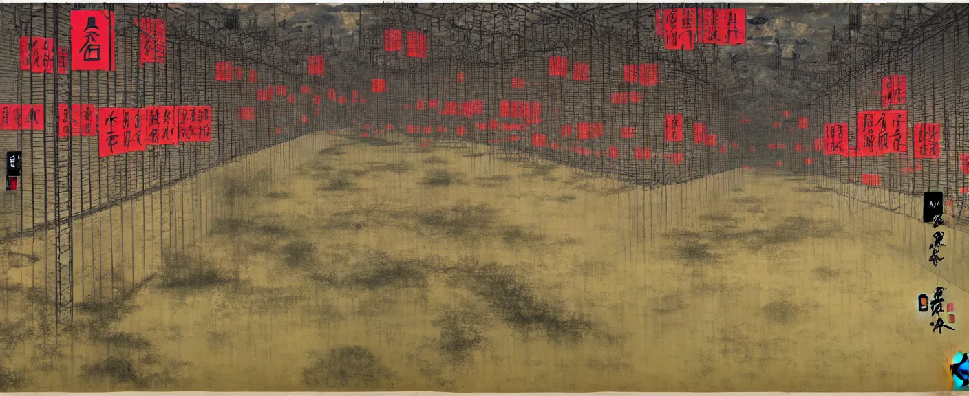 Image similar to a chinese prison near a river by peter doig, muted colors, overlaid with chinese adverts