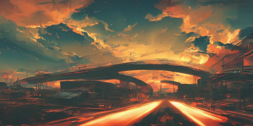 Prompt: post apocalyptic wasteland neon futuristic cyberpunk vaporwave glow sunset clouds sky highway overpass illustration by syd mead concept art