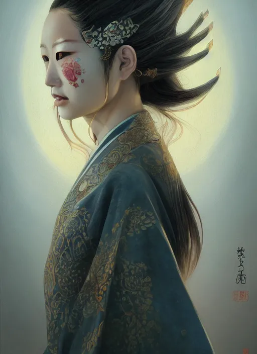 Prompt: a beautiful detailed oil on copper art illustration of a japanese namanari mask woman, centered, by charlie bowater, zeng fanzh, trending on artstation, dim dusk lighting, cinematic lighting, detailed lighting, volumetric lighting, realistic, f 8, 4 k hd wallpaper