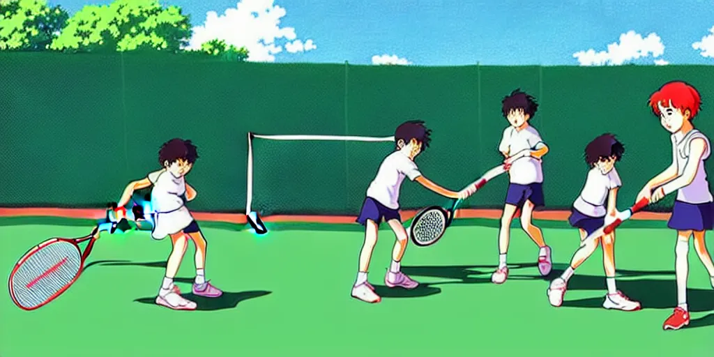 Image similar to digital art of kids playing tennis by studio ghibli