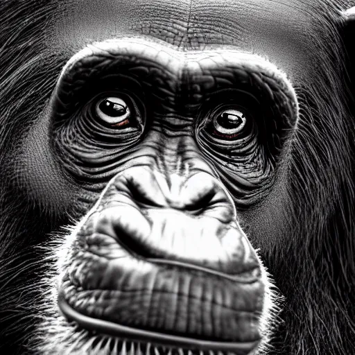 Image similar to a high detail closeup photograph of a chimpanze wearing a suit 👔, award wining photograph, digital art