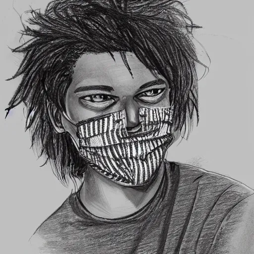 Prompt: professional pencil sketch of a full-body view of a young adult man with medium-length hair wearing a black face mask, a striped long-sleeved shirt, and ripped skinny jeans, high quality, HD, 8K, highly detailed, award-winning