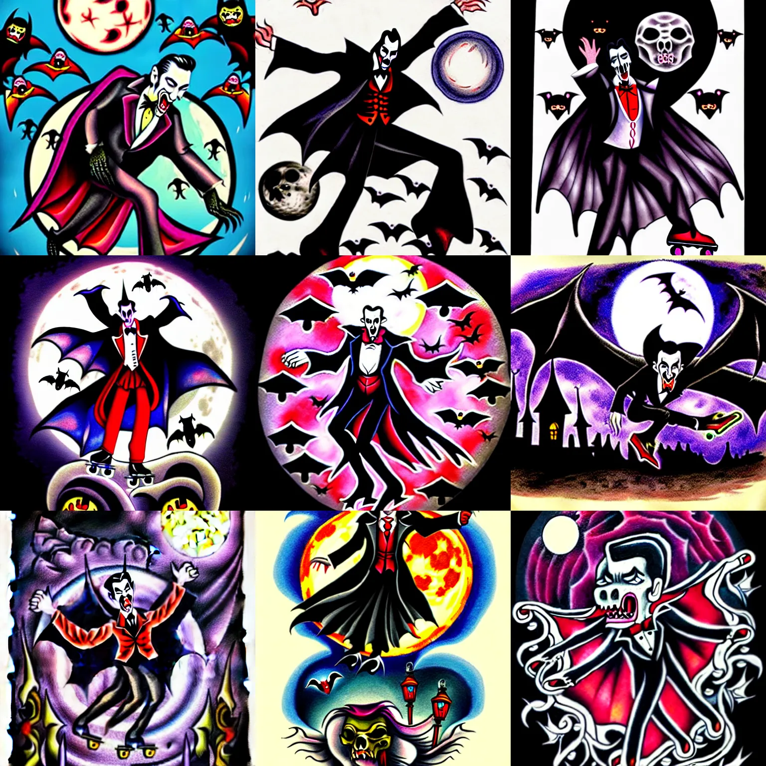 Prompt: dracula dancing on roller skates surrounded by bats and a full moon in the style of american traditional tattoo