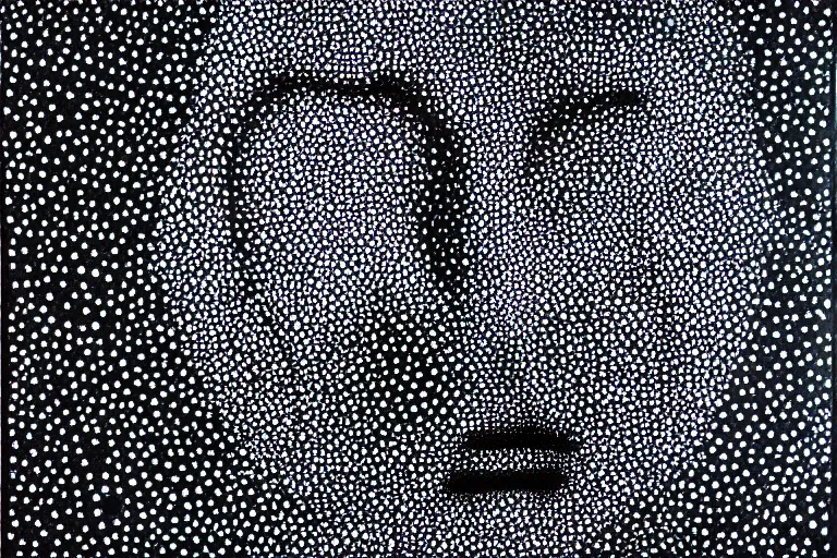 Image similar to face made out of mist, faceless people dark, dots, drip, stipple, pointillism, technical, abstract, minimal, style of francis bacon, asymmetry, pulled apart, cloak, hooded figure, made of dots, abstract, balaclava, colored dots