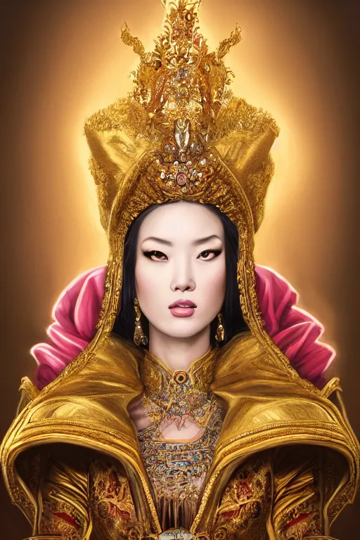 Image similar to a beautiful empress portrait, with a brilliant, impossible striking shiny big gold headpiece, gold clothes, rococo, baroque, jewels, asian, realistic, closeup, D&D, fantasy, intricate, elegant, highly detailed, digital painting, artstation, octane render, 8k, concept art, matte, sharp focus, illustration, art by Artgerm and Greg Rutkowski and Alphonse Mucha