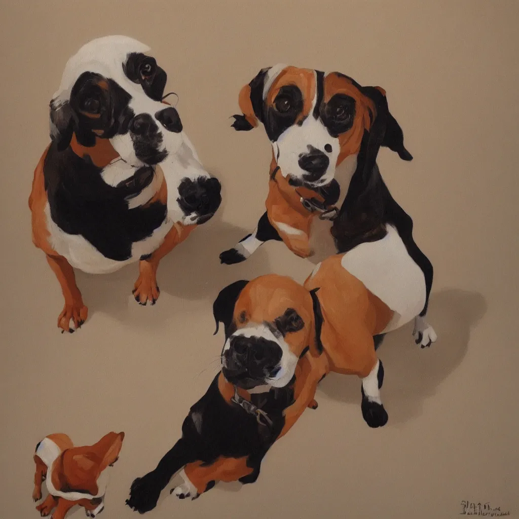 Prompt: painting of cute dog, full stature, in style of philippe berthet, photorealistic