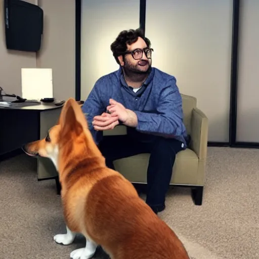 Prompt: slim Eric Wareheim with a corgi in an office, hyperrealistic, RPG portrait, ambient light, dynamic lighting, golden hour