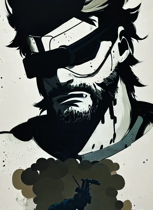 Image similar to highly detailed closeup of a moody solid snake mgs in codek by atey ghailan, by greg rutkowski, by greg tocchini, by james gilleard, by joe fenton, by kaethe butcher, gradient, blue, black, brown and white color scheme muted tones, grunge aesthetic!!! white graffiti tag wall background