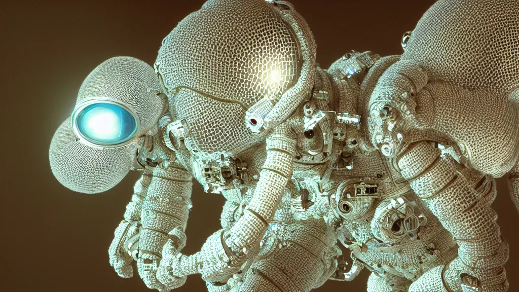 Image similar to a cybernetic symbiosis of a single astronaut eva suit made of pearlescent wearing knitted yarn thread infected with diamond 3d fractal lace iridescent bubble 3d skin covered with stalks of insectoid compound eye camera lenses floats through the living room, film still from the movie directed by Denis Villeneuve with art direction by Salvador Dalí, wide lens,