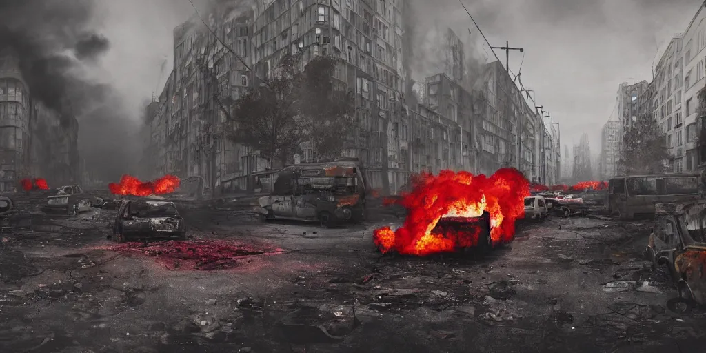 Image similar to post - apocalyptic kreuzberg streets covered in colorful smoke, burned cars, explosions, hyperrealistic, gritty, damaged, dark, urban photography, photorealistic, high details