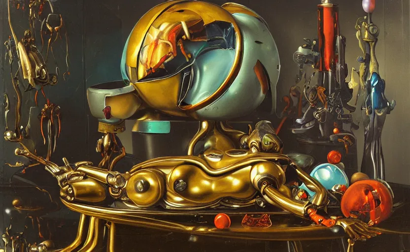 Prompt: strange seductive futuristic robot body, enticing colorful oil painting dutch golden age vanitas alluring still life sparse composition with bulbous objects strange gooey transparent surfaces shiny torrid metal reflections bizarre mutant meat insects rachel ruysch dali todd schorr very detailed perfect composition rule of thirds masterpiece canon 5 0 mm, cinematic lighting, photography, retro, film, kodachrome