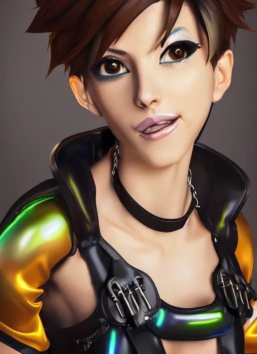 Image similar to portrait bust digital artwork of tracer overwatch, wearing black iridescent rainbow latex tank top, 4 k, expressive happy smug expression, makeup, in style of mark arian, angel wings, wearing detailed black leather collar, chains, black leather harness, detailed face and eyes,