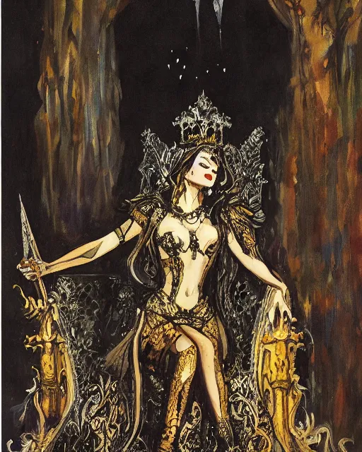 Image similar to an illustration of a dark queen on a throne at night by marc davis and by gustave moreau, realistic, gouache, painting