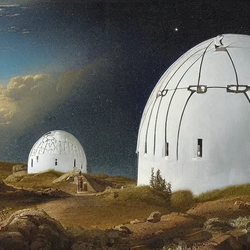 Prompt: Modern Spanish observatory of multiple white domes scattered across the mountaintop painted in romantic style by Martinus Rørbye