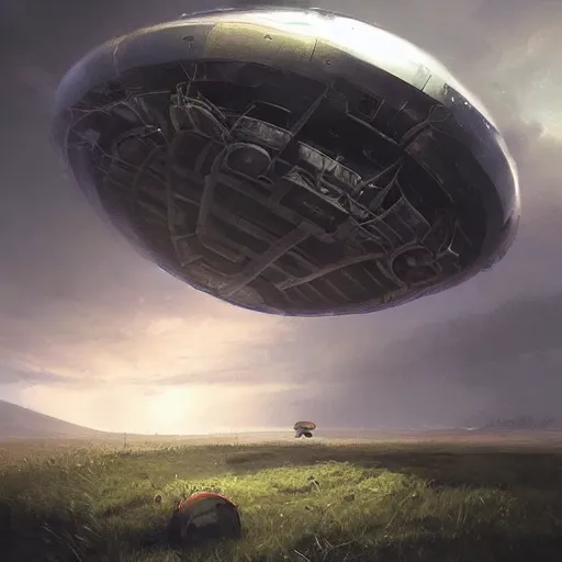 Prompt: crashed ufo in to the ground, concept art, art station landscape, greg rutkowski, cinematic lighting hyper realistic painting, dark atmosphere