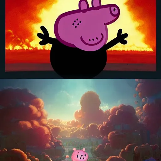 Image similar to Peppa Pig plays in front on a large nuclear explosion that has created a large nuclear mushroom and is totally oblivious to the fact that the city is in flames and everyone die. Elegant, intricate, digital painting, artstation, concept art, smooth, sharp focus, illustration, art by artgerm and greg rutkowski and alphonse mucha