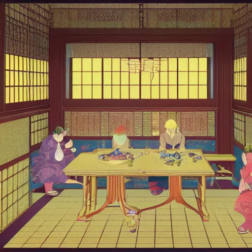 Image similar to fine dining with grandma eating crayons on golden plates in a palace, crayons melting down all over the floor, in the style of kawase hasui james jean, muted neon colors, artstation trending, 8 k, 3 d render, photorealistic, volumetric lighting caustics, black and white, detailed af