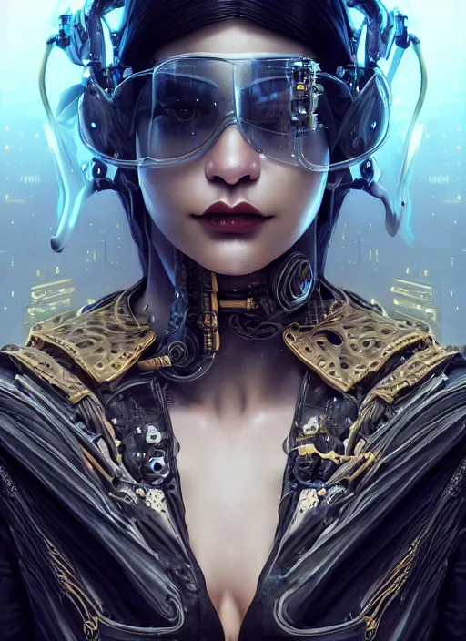 Image similar to soft lustrous ebony ivory seductive biotech raver gutter punk gothic cyborg, golden ratio, details, scifi, fantasy, cyberpunk, intricate, decadent, highly detailed, digital painting, octane render, artstation, concept art, smooth, sharp focus, illustration, art by artgerm, loish, wlop