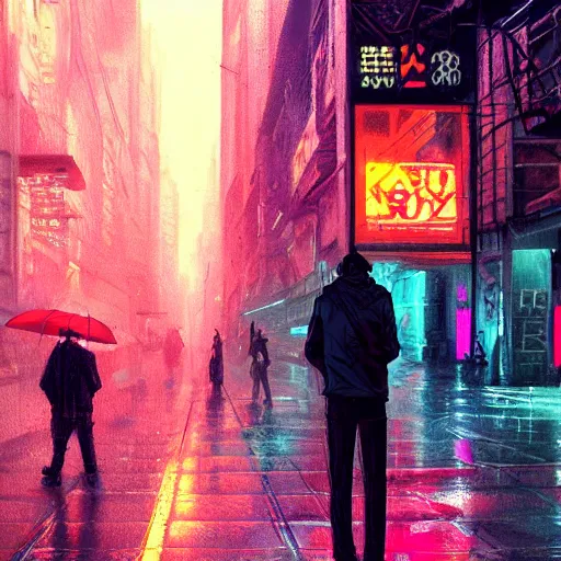 Image similar to man smoking taking picture with disposable camera in the crowded street of a cyberpunk city, rain, harsh neon lights, highly detailed, digital painting, trending on artstation, concept art, sharp focus, illustration, art by artgerm and greg rutkowski and magali villeneuve