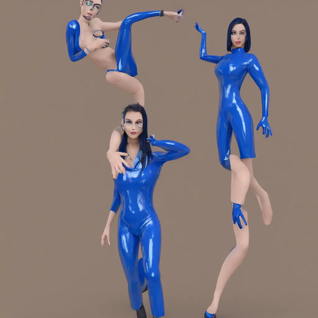 Image similar to a beautiful female wearing a blue latex jumpsuit, eyeballs with different colored iris are poking through the suit, face, torso, legs, feet, octane render, photo realistic, hyper realistic, 8 k resolution in the style of alvin schwartz