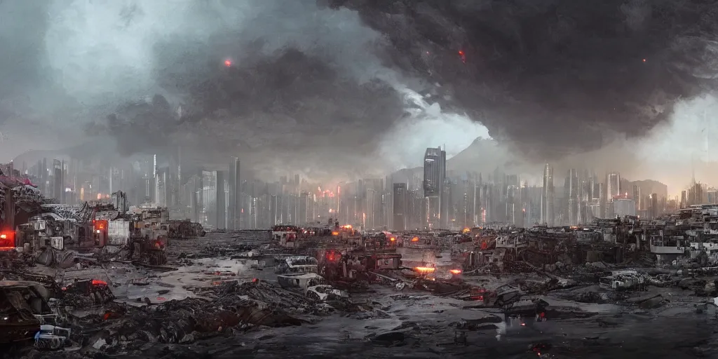 Prompt: climate change migrant crisis outside fortified city walls, hong kong, dystopia, dead animals falling from the sky, by cedric peyravernay, by kilian eng, high detail, digital painting, industrial art style, death stranding art style, cinematic lighting, artstation, cgsociety, unreal engine 5 render, octane render, 3 5 mm film grain