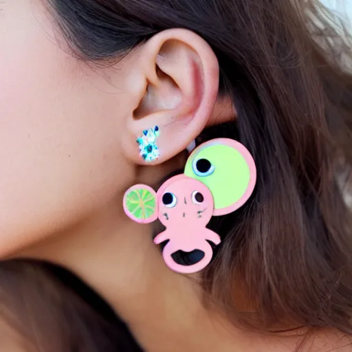 Image similar to beautiful girl wearing earrings made of cute monsters