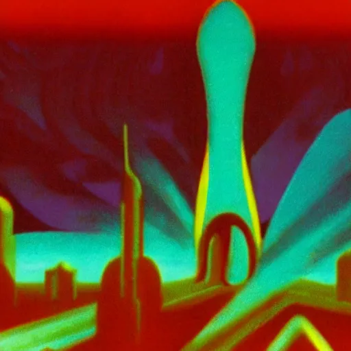 Prompt: futuristic angular neon pastel cityscape, still frame from Fantasia (1940)