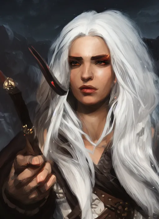 Image similar to portrait of a wild magic barbarian with white hair and a dark robe, dungeons and dragons, dramatic lighting, dynamic composition, trending on artstation, 4 k, 8 k