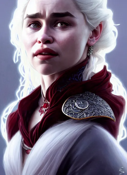 Prompt: portrait of emilia clarke with white hair as a vampire lord, jewelry, greek, ruby, intricate, headshot, highly detailed, digital painting, artstation, concept art, sharp focus, cinematic lighting, illustration, art by artgerm and greg rutkowski, alphonse mucha, cgsociety