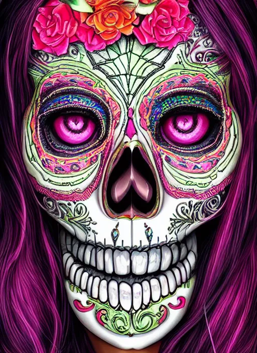 Image similar to portrait of a sugar skull, neon eyes, intricate, highly detailed, smooth, digital illustration, artstation, the dark and quirky art of scott radke