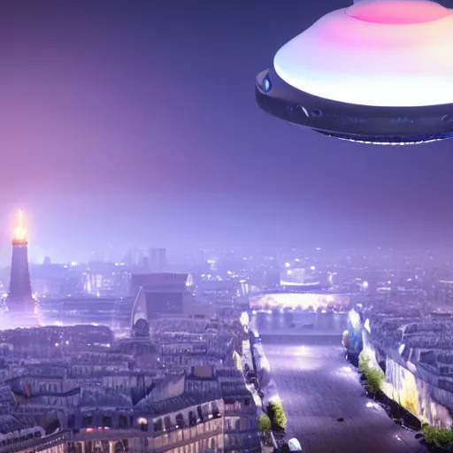 Image similar to Paris ufo invasion, 4k, volumetric lighting, french nouveau, trending on artstation, octane render, hyperrealistic