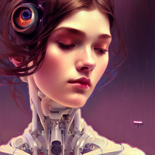 Image similar to portrait of beautiful girl with robot body by artgerm and greg rutkowski and alphonse mucha, close up, portrait, cinematic, elegant, artstation, intricate, highly detailed, digital painting, artstation, concept art, sharp focus, illustration, cyberpunk, cgsociety, 8 k