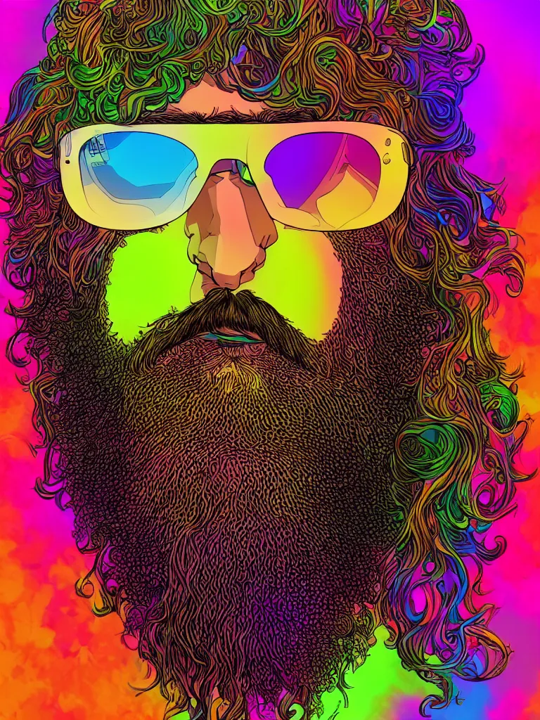 Prompt: a bearded hippie with sunglasses, fractal beard, colorful, psychedelic, photorealistic, 8k, trending on artstation