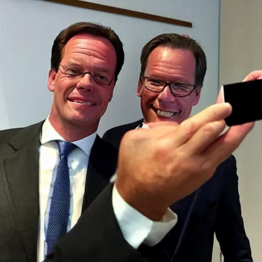 Prompt: Maurice de Hond taking a selfie with Mark Rutte