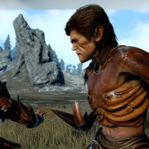 Image similar to willem dafoe in skyrim fights with a mud crab