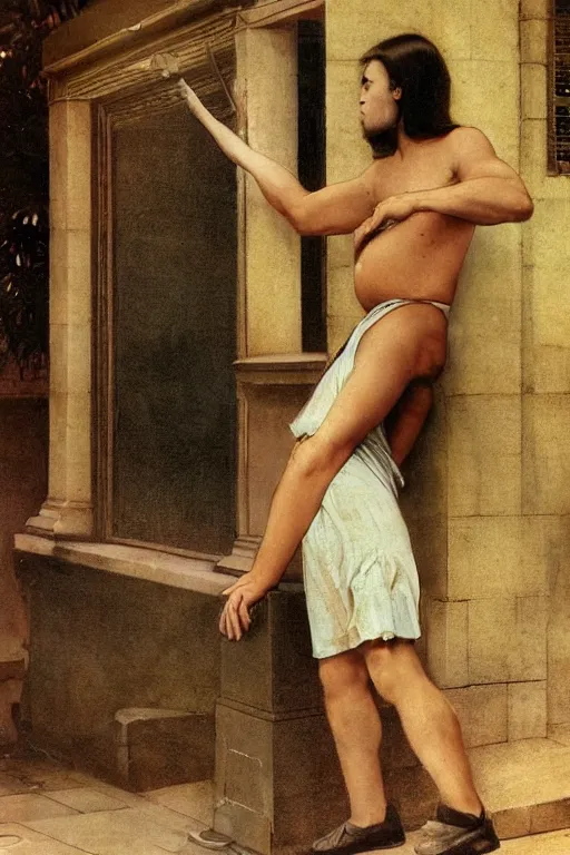 Image similar to Full-length portrait of a handsome!! clean shaven young pregnant male on the streets of Singapore, historically reliable photo chronicle, 1975, ultra detailed digital art, octane render, 4K, by John William Waterhouse and Edwin Longsden Long and Theodore Ralli and Nasreddine Dinet