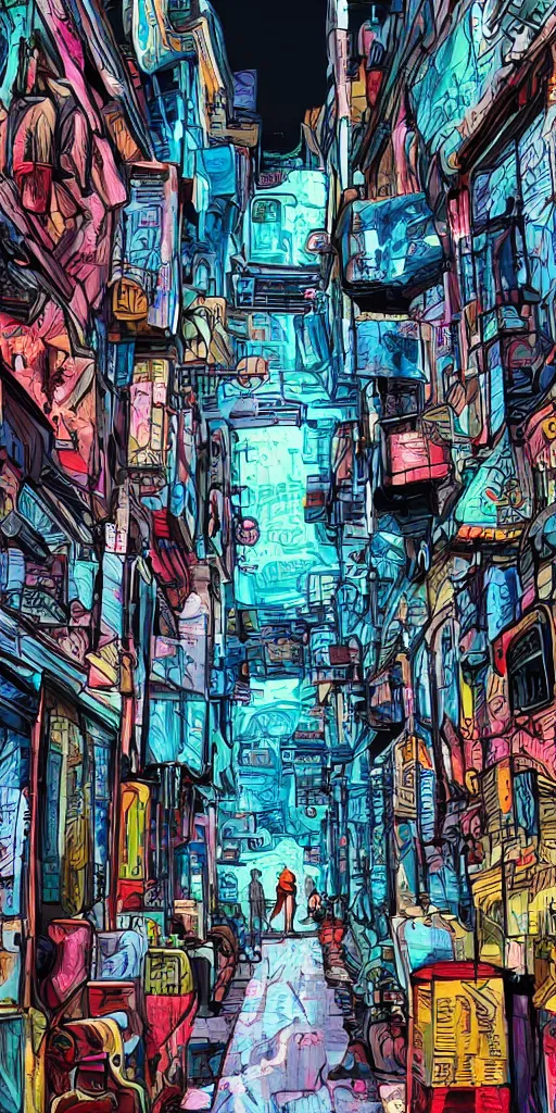 Image similar to person standing in a cyberpunk alley, pop art, markers, rtx, 8 k, ray tracing, highly detailed