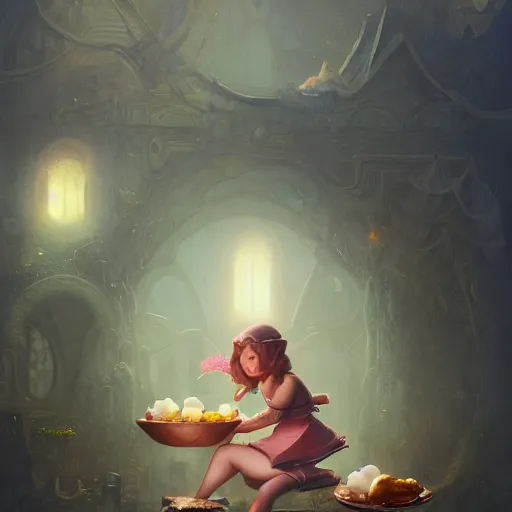 Prompt: Little Miss is sitting on her Tuffet eating a bowl of curds and whey, summer, 8k resolution matte fantasy painting, cinematic lighting, DeviantArt, Artstation, Jason Felix Steve Argyle Tyler Jacobson Peter Mohrbacher