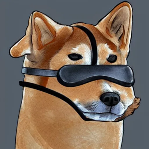 Image similar to A drawing of a Shiba Inu dog wearing a soldier's helmet, realistic, color