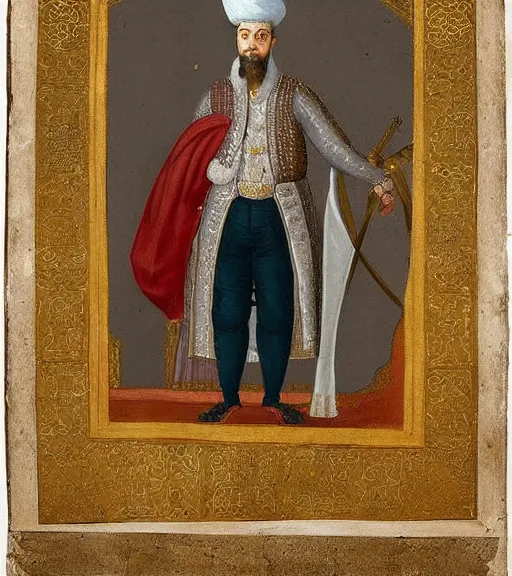 Prompt: 1 8 th century ottoman portrait of a filthy sultan with a turban, living in a giant palace, highly detailed