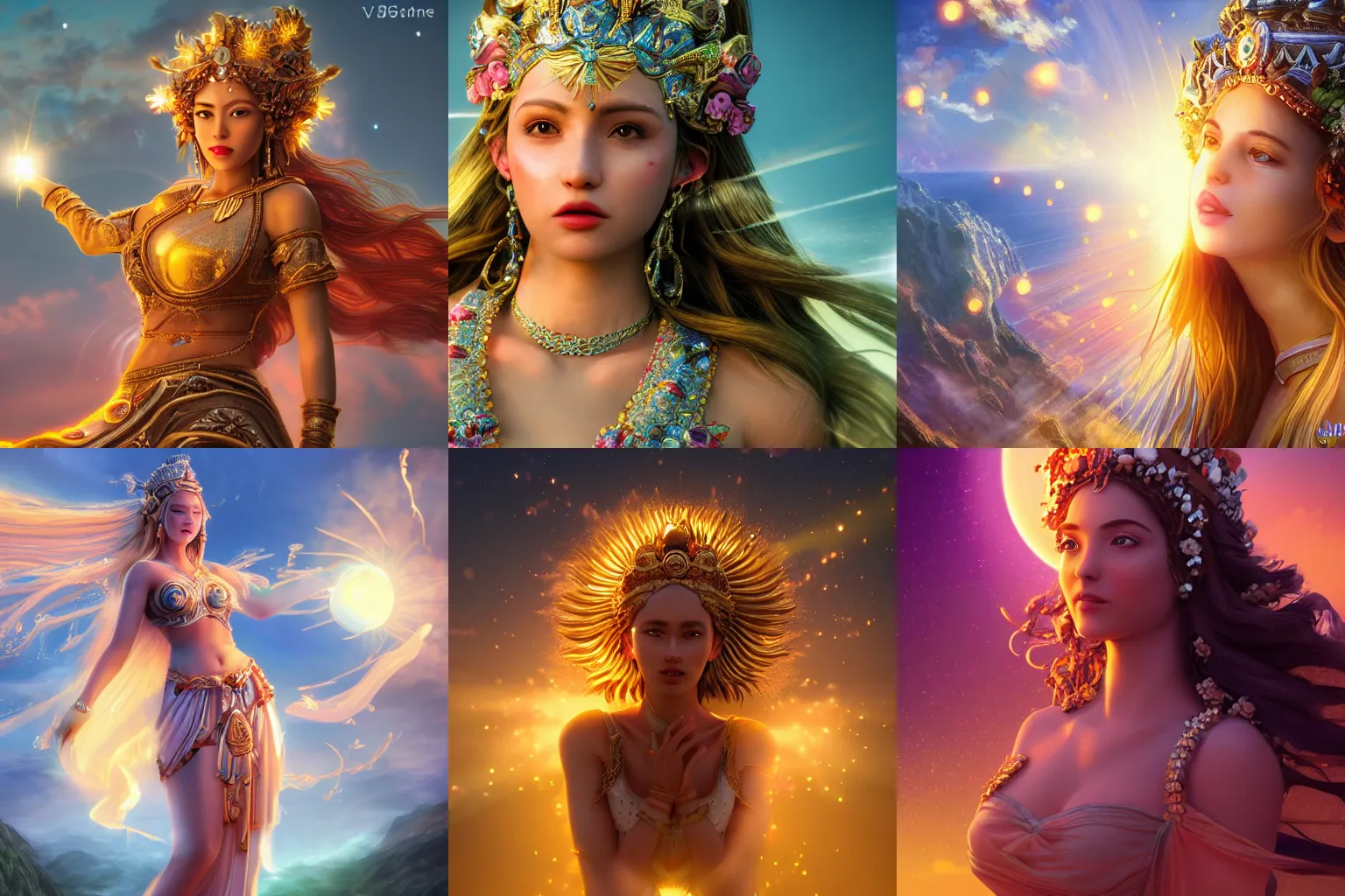 Prompt: a beautiful female goddess of sun character, character is in all its glory, character is in her natural relaxed pose, rim lights, particles and dust in the air, fancy clouds, highly detailed professional photo, dynamic lights, particles are flying, depth of field, trending on artstation, illustration, hyper realistic, vray caustics, super detailed, colorful accents, cinematic shot