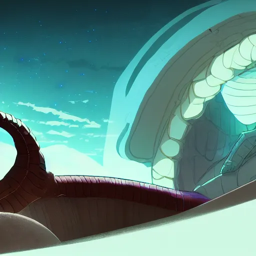 Prompt: Frank Herbert as Paul Atreides riding a giant sandworm, eyes blue with spice, ambient lighting, 4k, anime key visual, lois van baarle, ilya kuvshinov, rossdraws, artstation