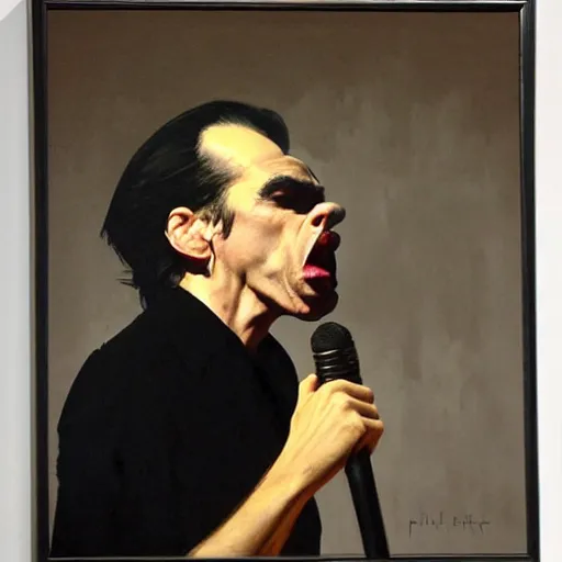 Image similar to Nick Cave singing by Phil Hale and Caravaggio