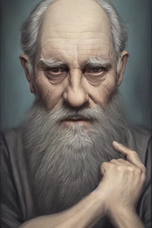 Prompt: a stunning ultra realistic fine art painting of a content old man with a long gray beard, peaceful and graceful, by tom bagshaw, studio portrait, muted colors, melancholic, catchlight in the eyes, 4K