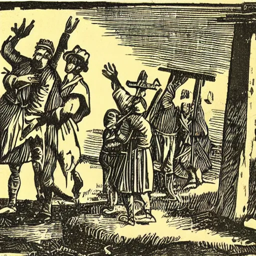 Prompt: sancho panza being blanketed. late 1 8 th century woodcut. flung in the air by tavernkeeper and guests. desperate, helpless, sprawling, flying, scared