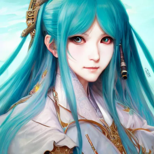 Image similar to portrait of hatsune miku, d & d, fantasy, intricate, elegant, highly detailed, digital painting, artstation, concept art, smooth, sharp focus, illustration, art by artgerm and greg rutkowski and alphonse mucha